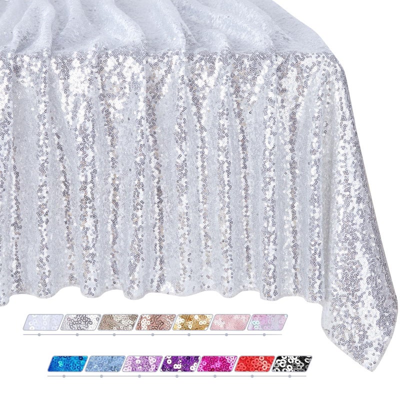 QueenDream Tablecloth 90x156 Rectangle Sequin Tablecloth Silver Wedding Table Linens Glitter Birthday Bridal Party Indoor Outdoor Decorations - Image 1